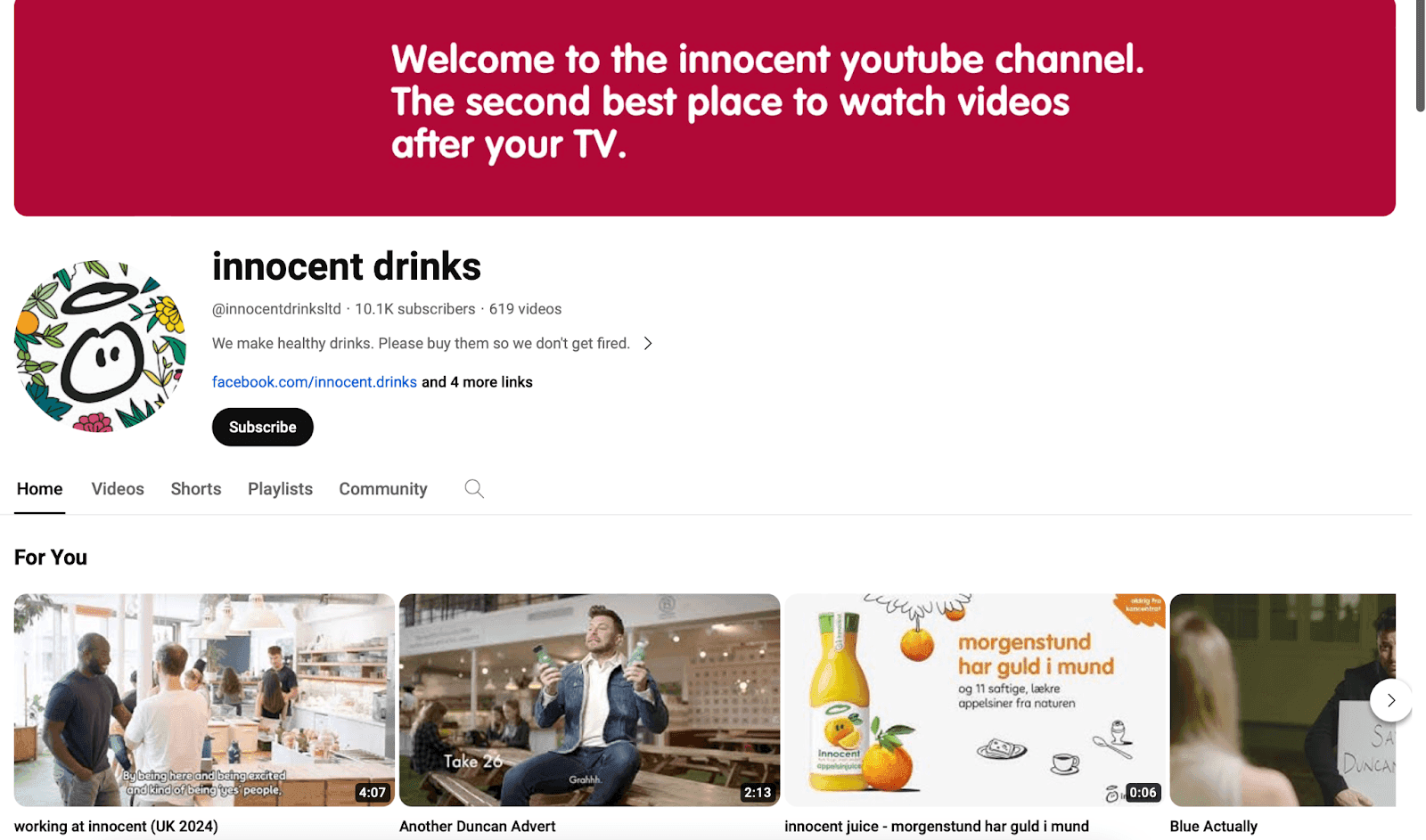 Innocent Drinks YouTube homepage