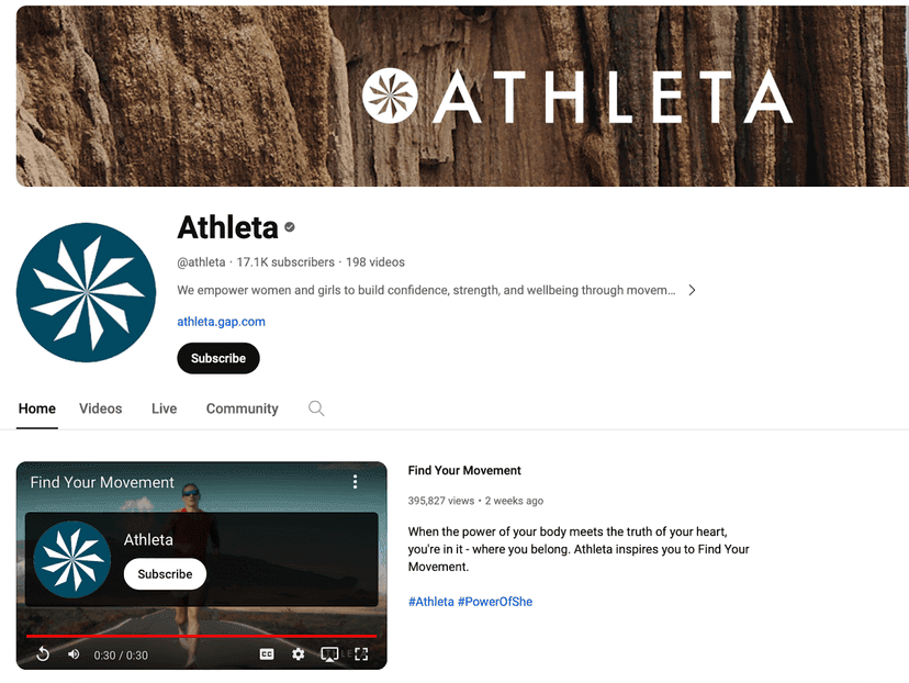 Athleta YouTube homepage