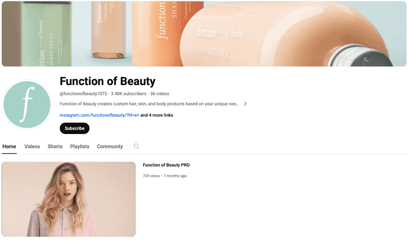 Function of Beauty YouTube homepage