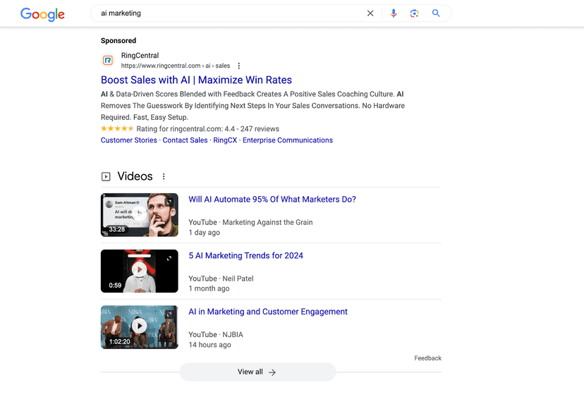 Google search and results for ai marketing