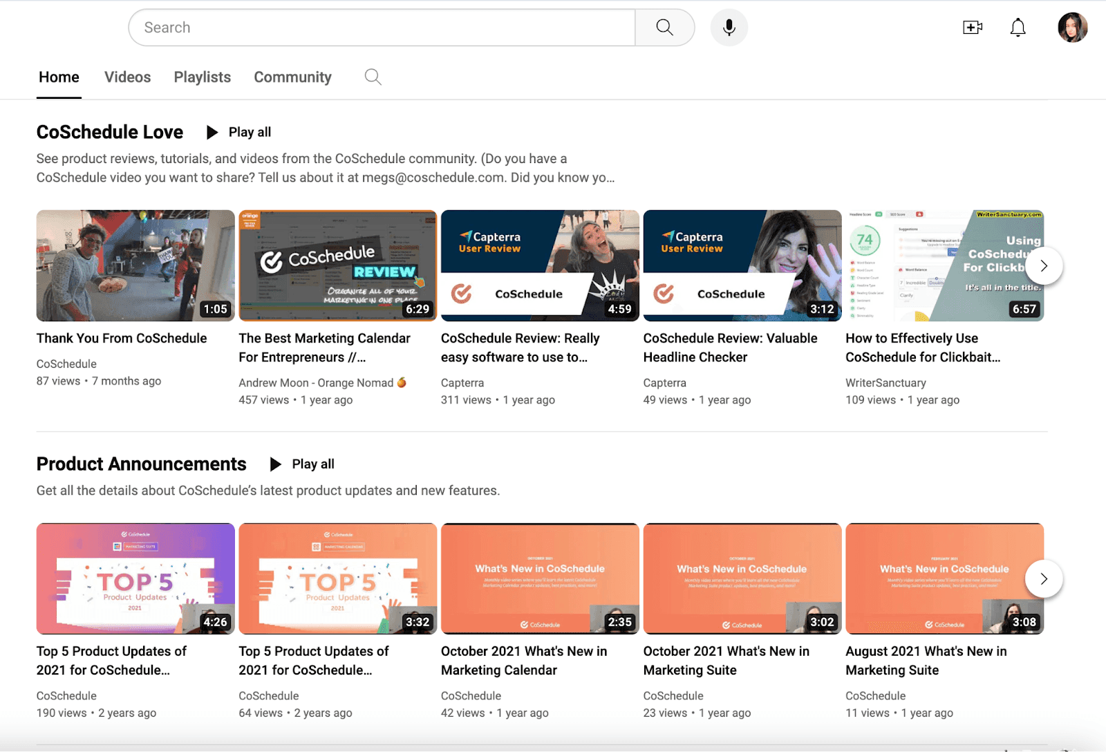 Coschedule YouTube video homepage
