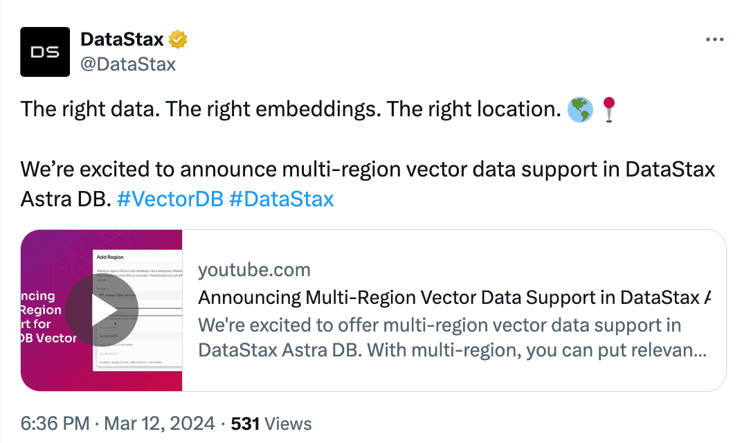 DataStax tweet with link to their YouTube video