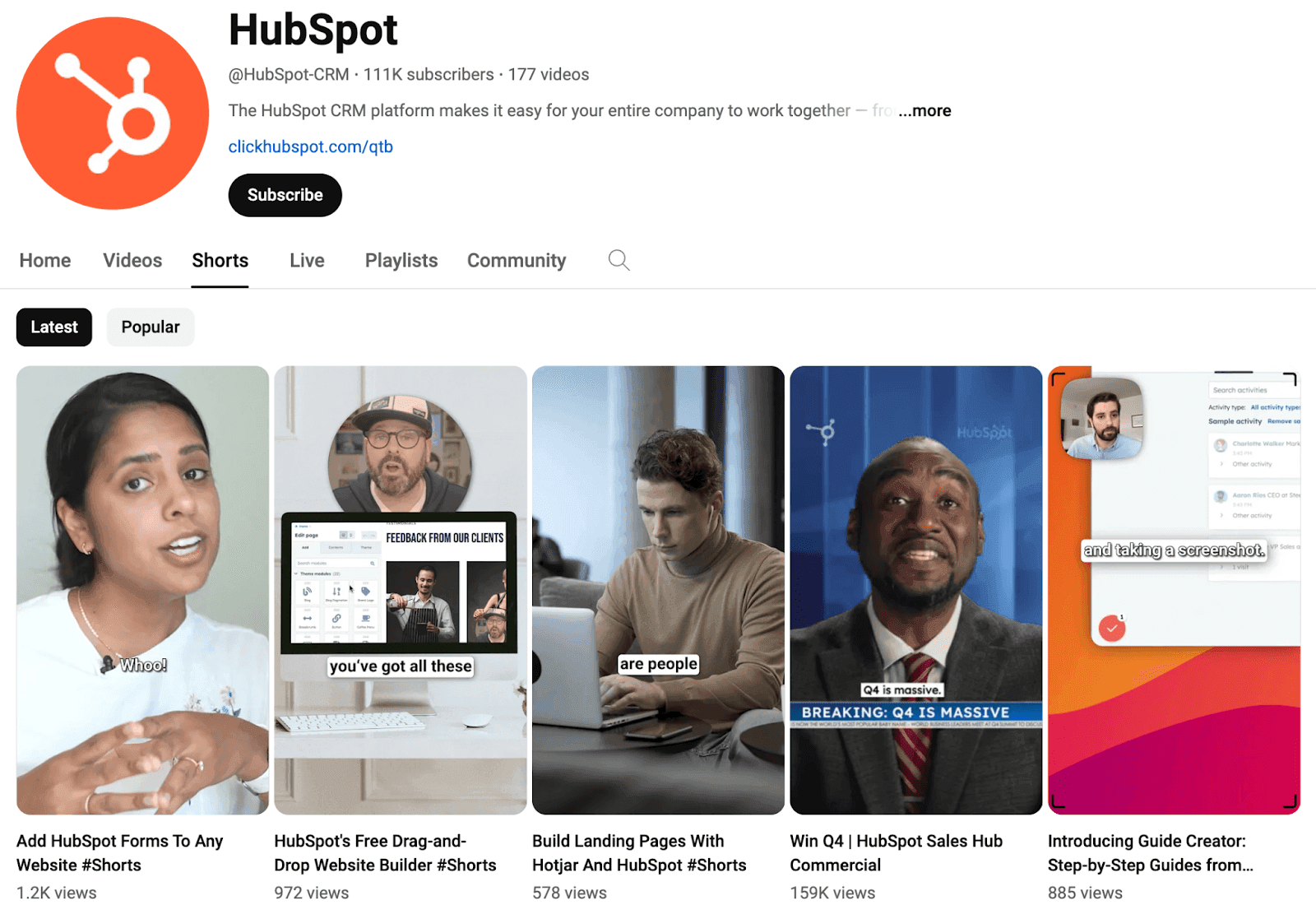 HubSpot YouTube Shorts video homepage