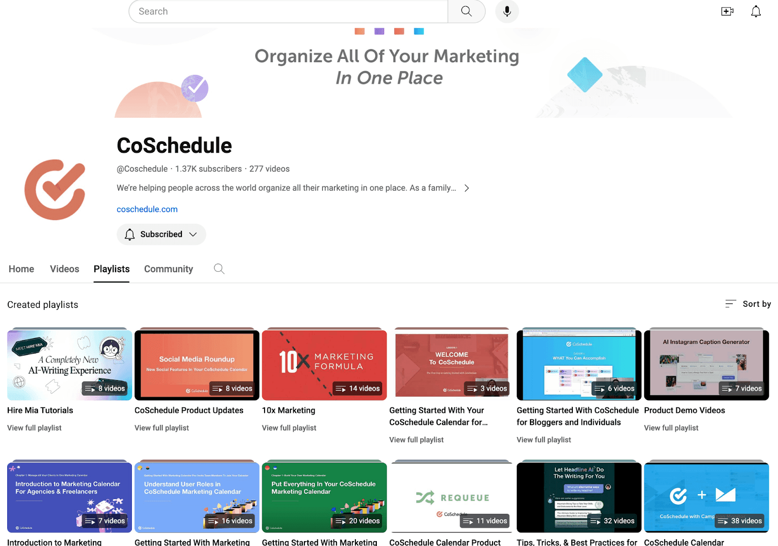 Coschedule YouTube homepage