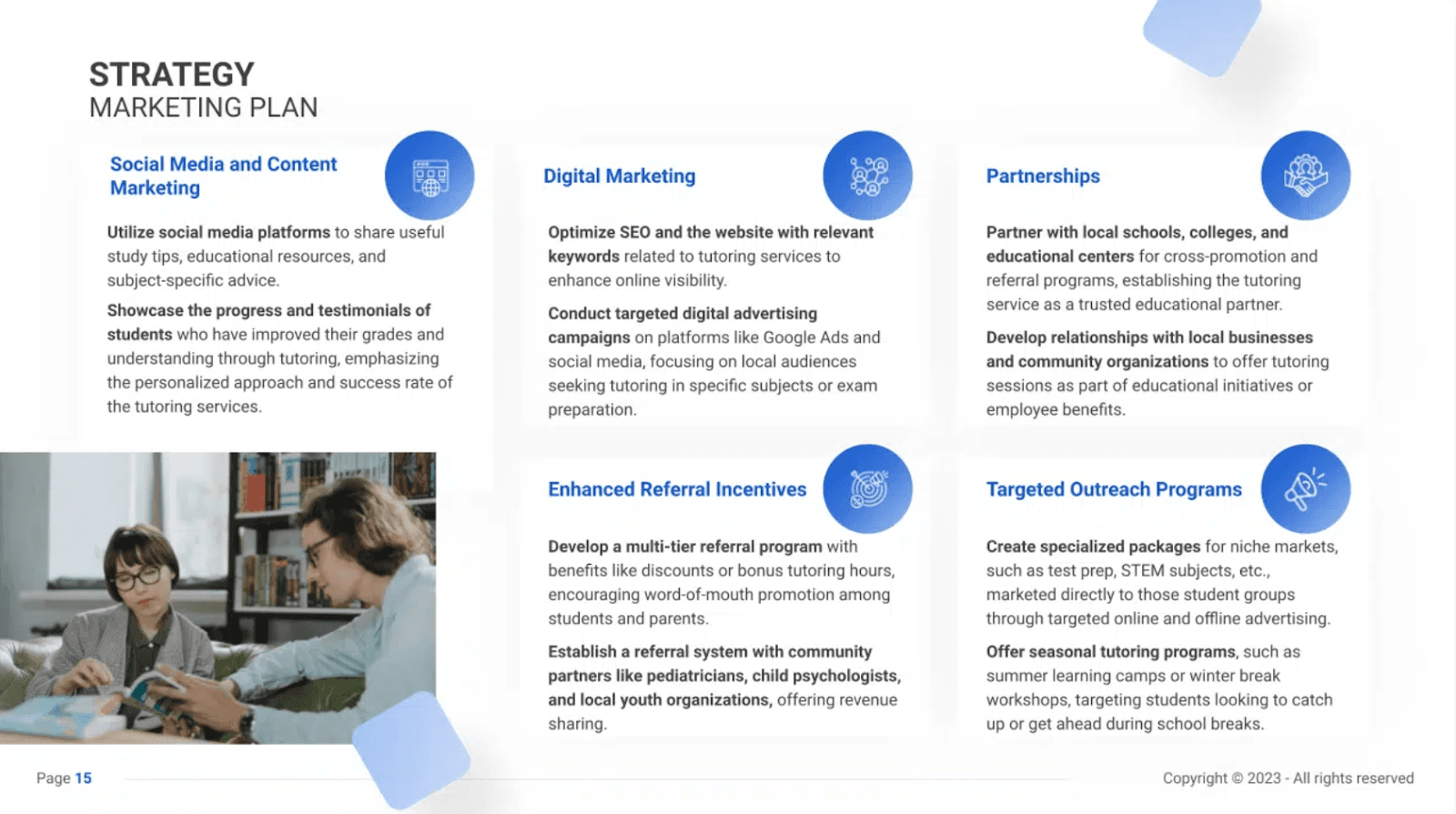 Strategy marketing plan with labels "Social Media and Content Marketing", "Digital Marketing", "Partnerships", "Enhanced Referral Incentives", and "Targeted Outreach Programs"