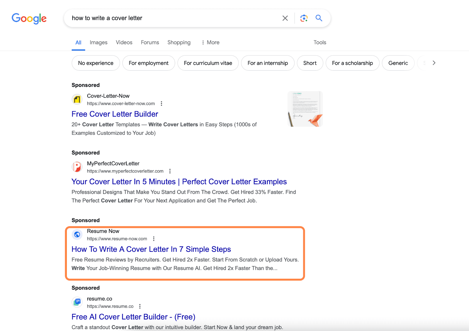"How to write a cover letter" search in Google