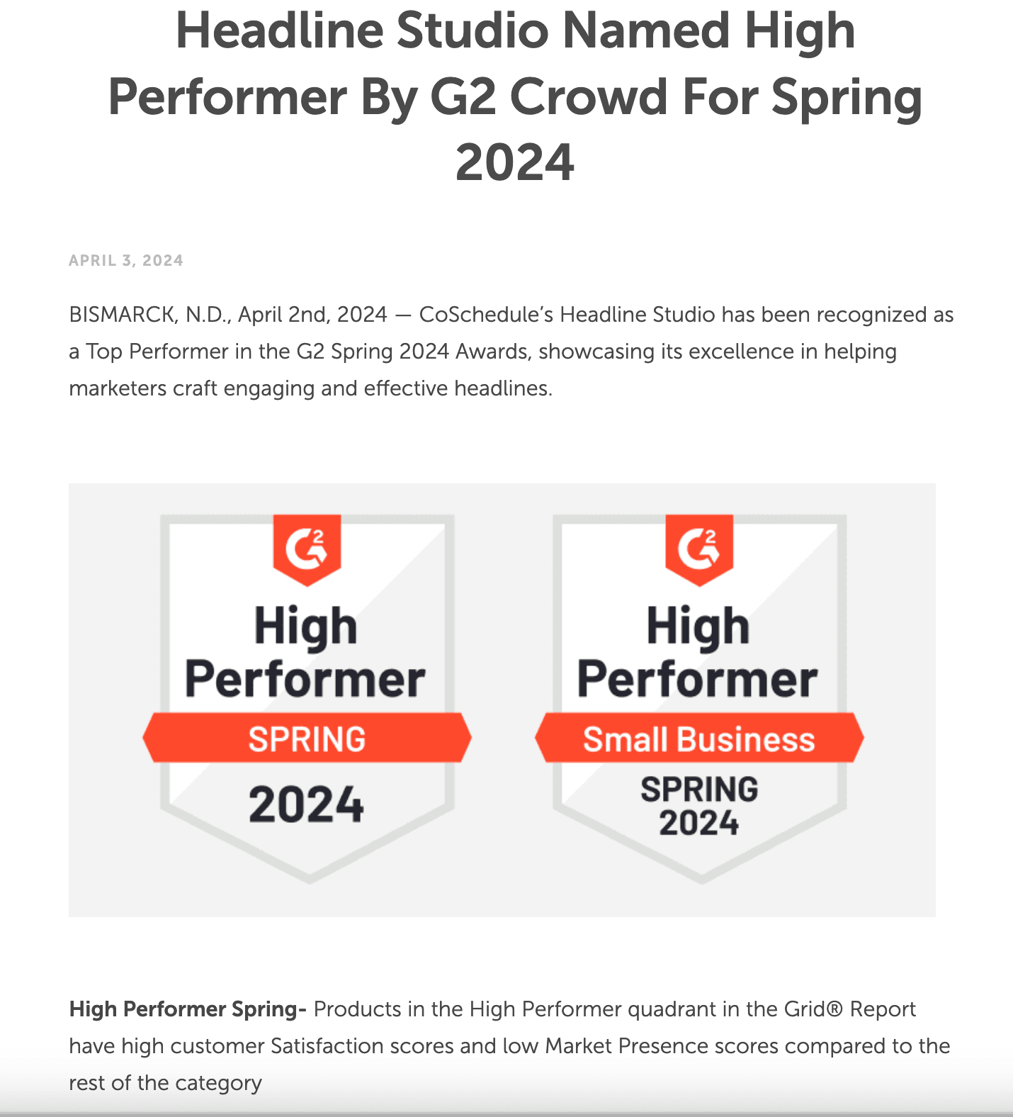 Awards and recognition press release example: CoSchedule