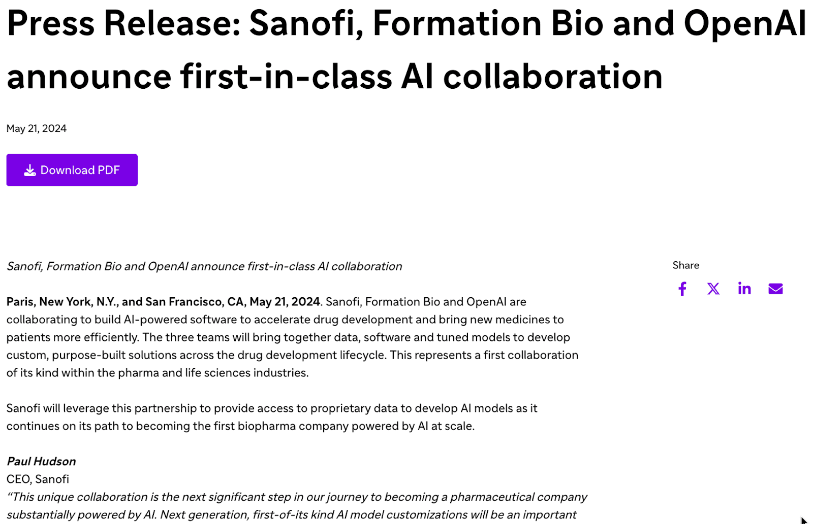Example of partnership announcement press release: Sanofi, Formation Bio, and OpenAI