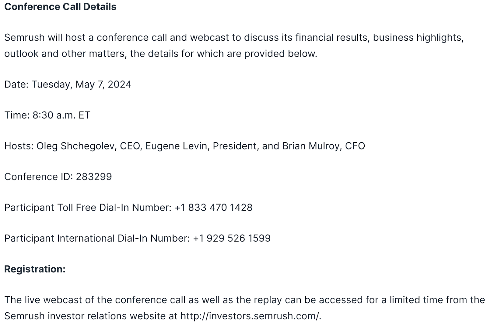 Example of building trust by sharing conference call details in press releases