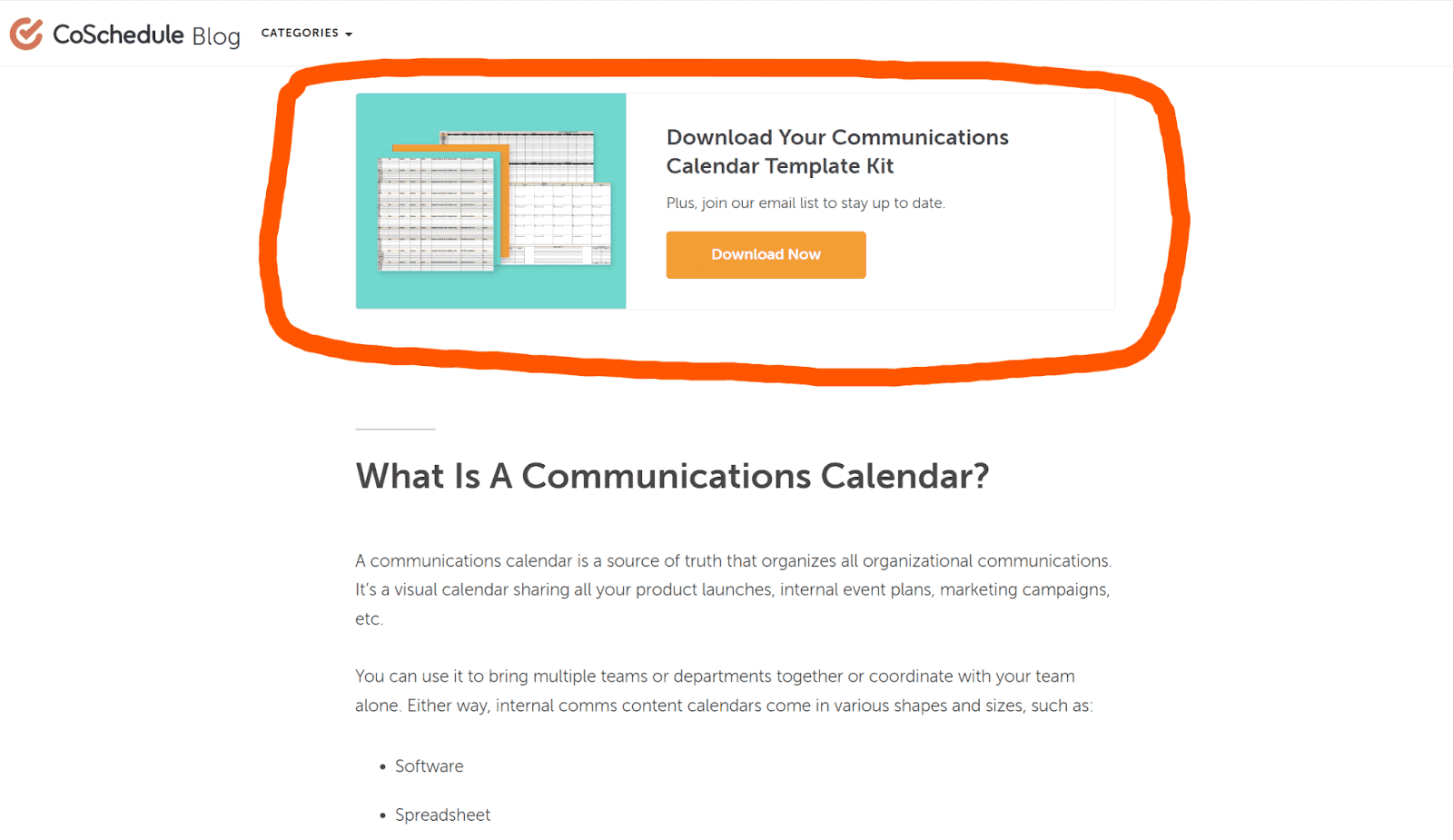 CoSchedule's calendar bundle cta in a blog post