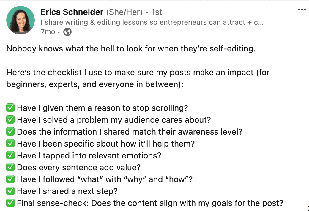 Erica Schneider Linkedin checklist post