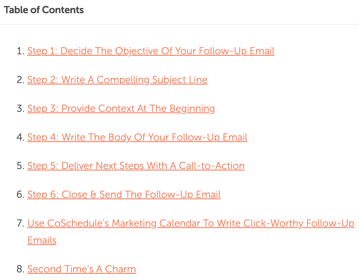 Table of contents from a CoSchedule blog post