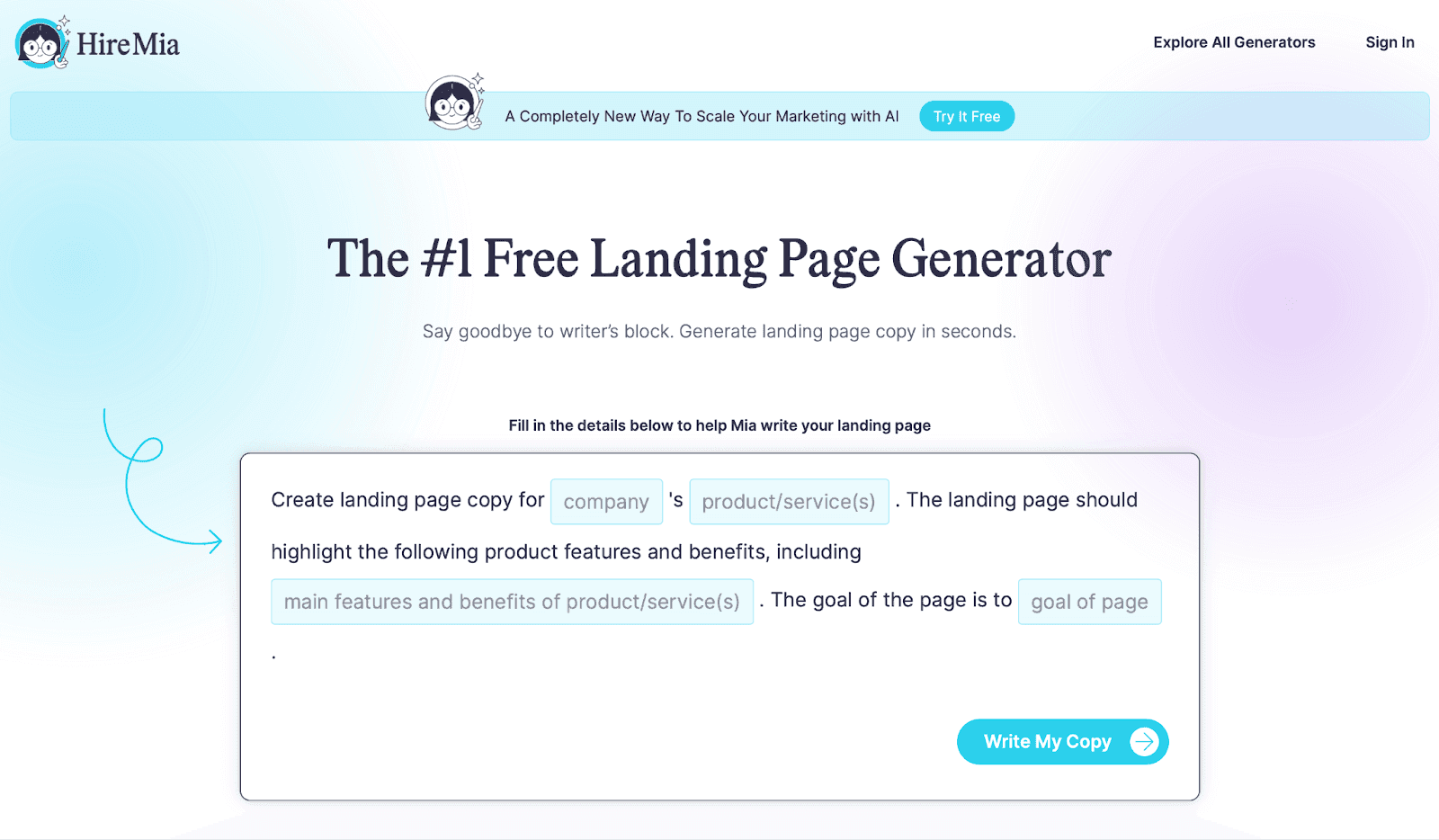 CoSchedule's Hire Mia Landing Page Generator