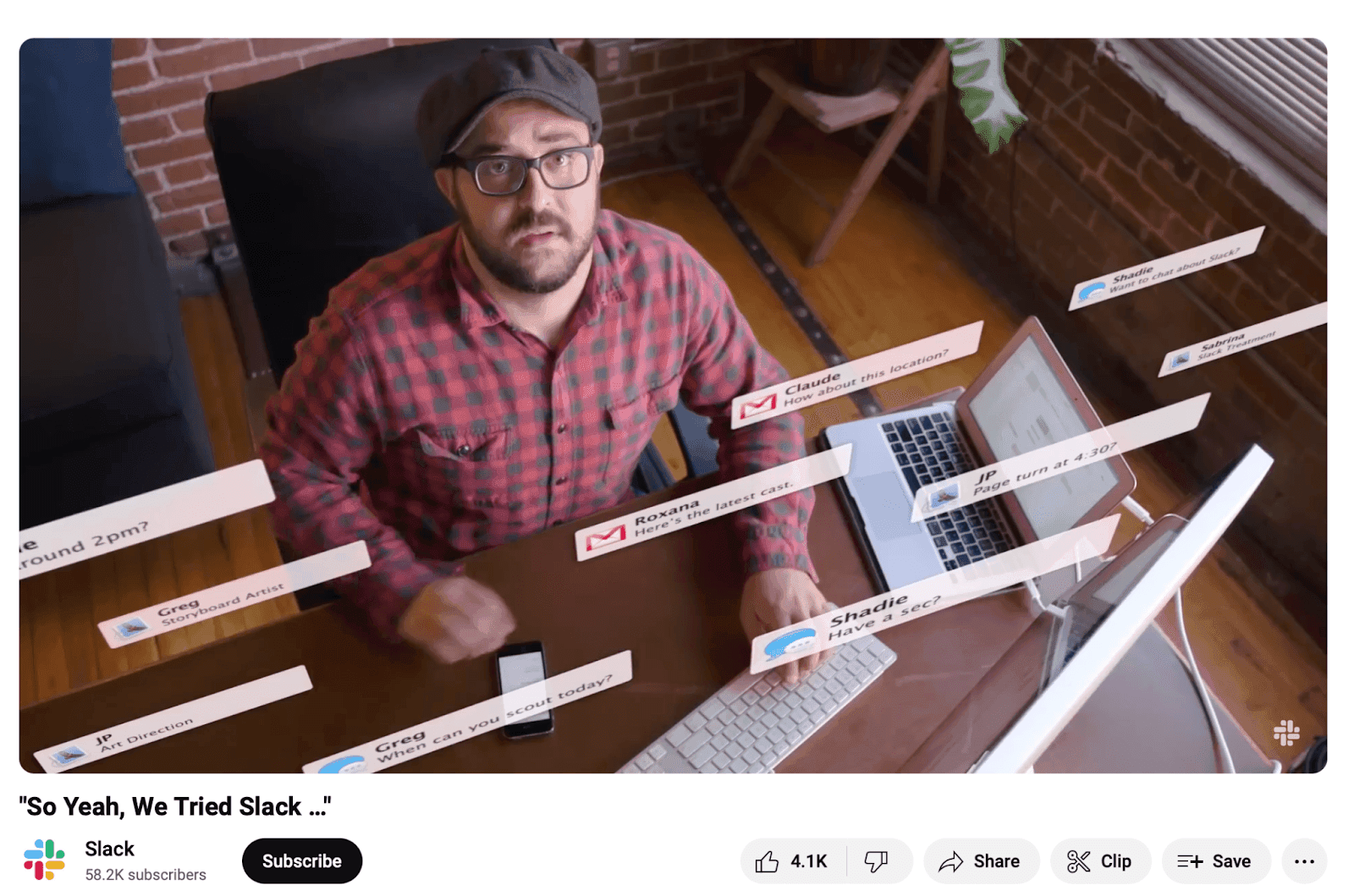 Slack YouTube video of Man sitting at desk overwhelmed with emails