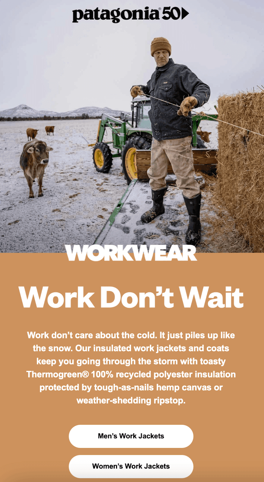 Man working on farm in Patagonia clothing with text box under him explaining their insulated work jacket