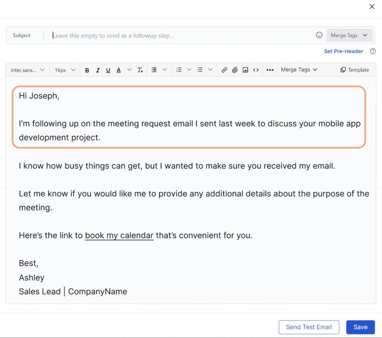 Follow-up email with Joseph with a circled personalized section