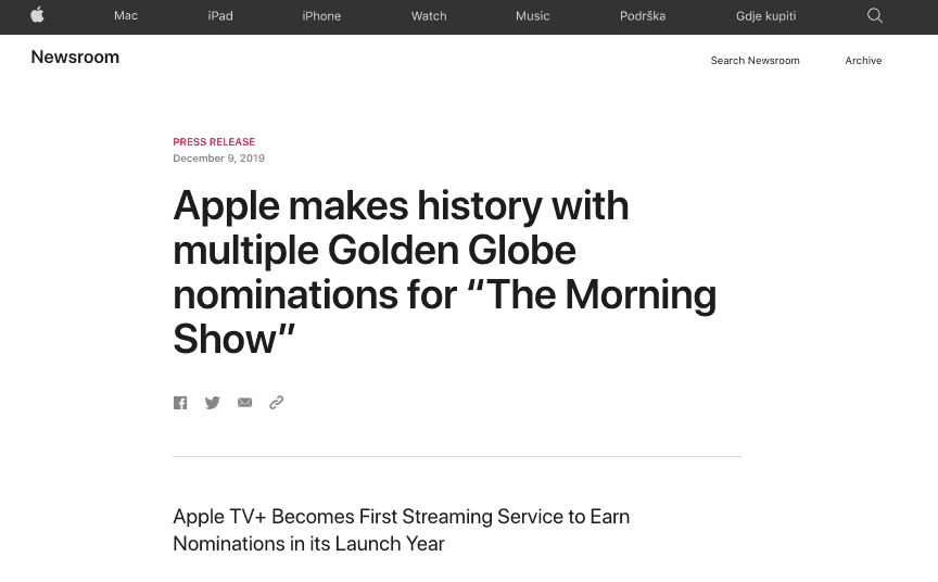 Example of the "market history" headline from Apple