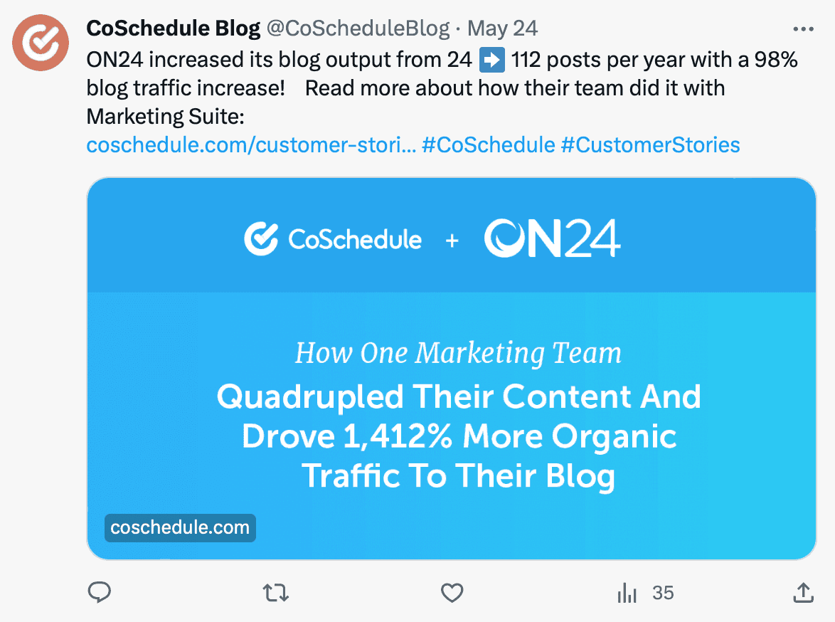 CoSchedule Blog tweet on a customer story