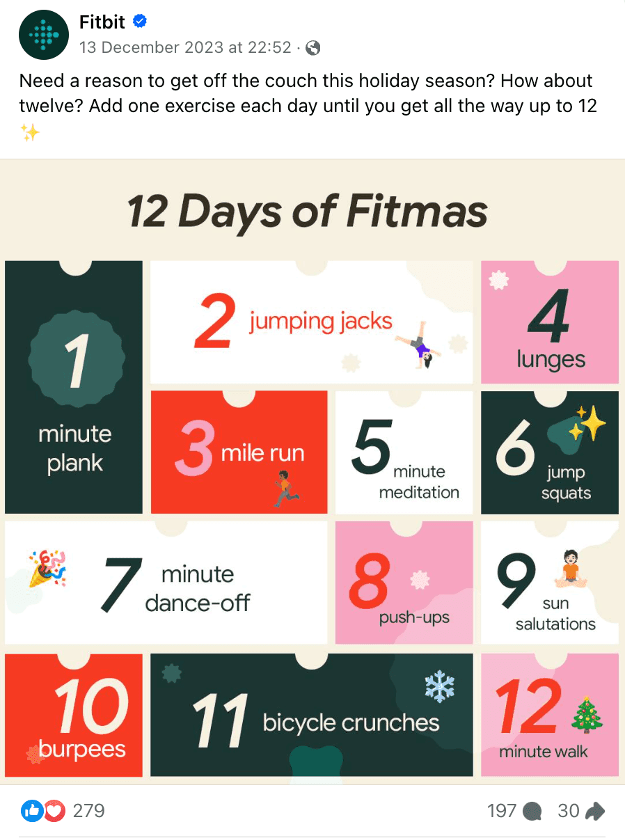 12 days of fitness Facebook post by FitBit