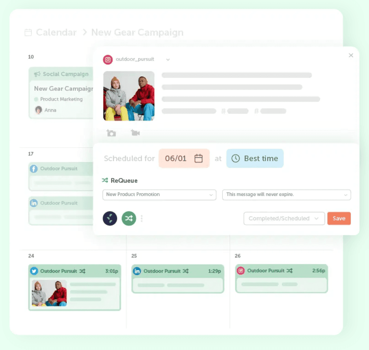 CoSchedule ReQueue schedule a social media post in Social Calendar