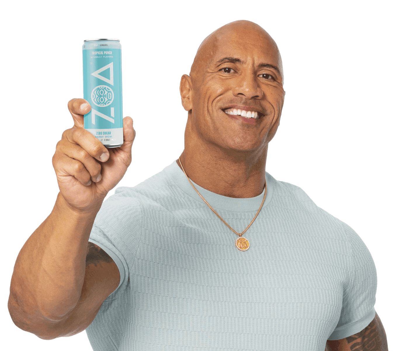 Dwayne "The Rock" Johnson holding a energy drink called Zoa