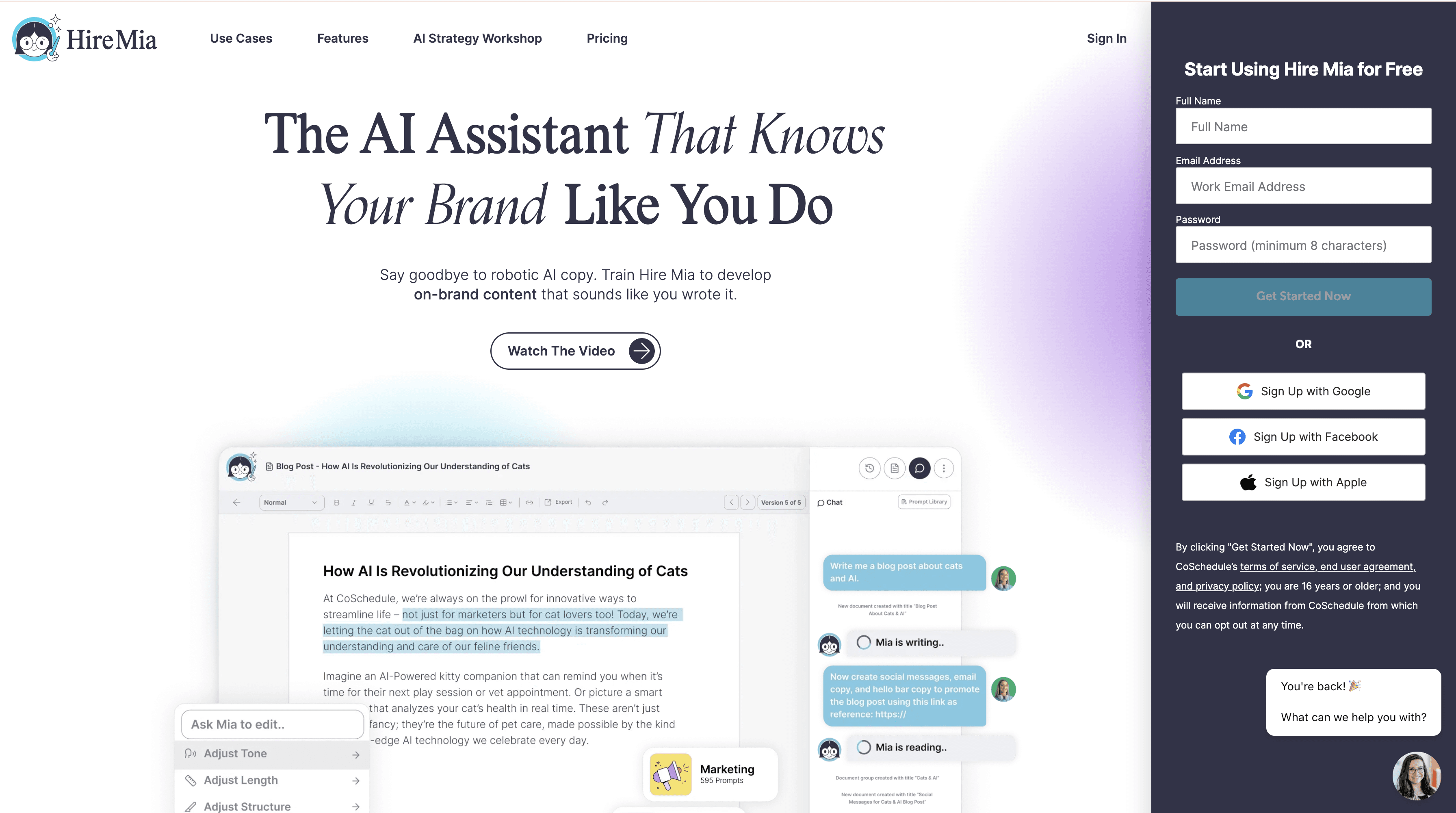 CoSchedule's Hire Mia Homepage