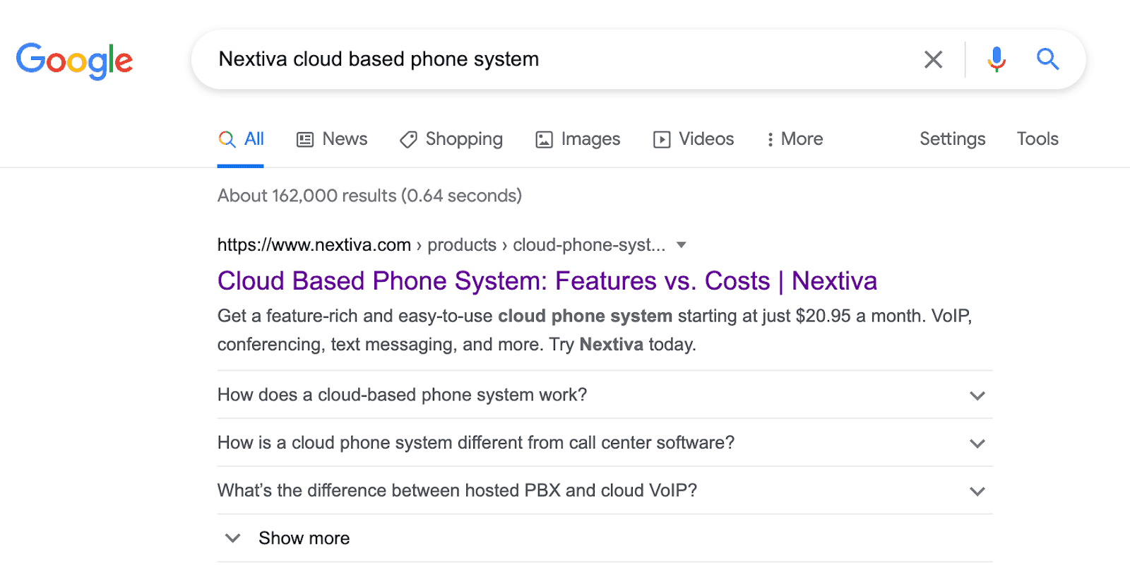 Google search for Nextiva cloud based phone system 
