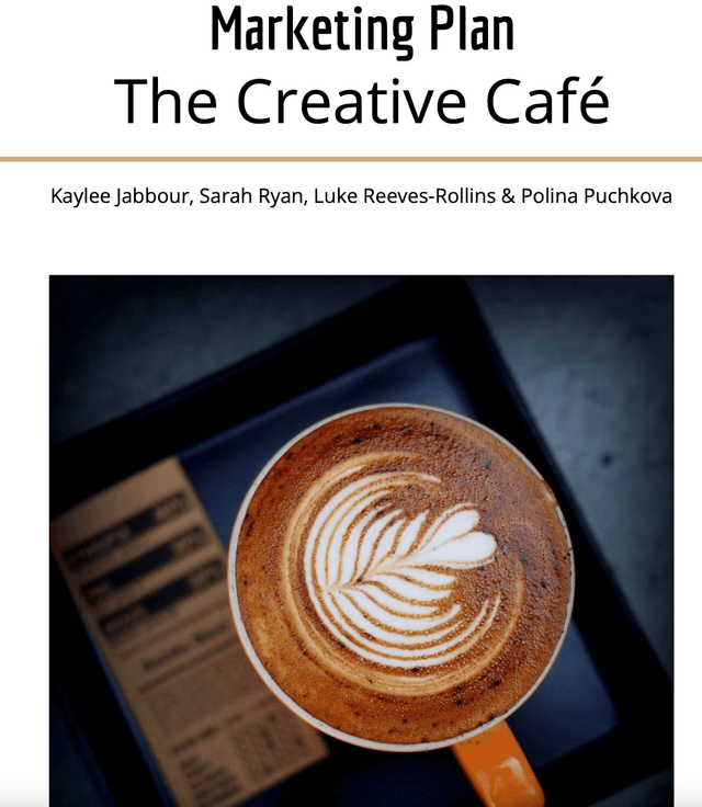 Title of page titled Marketing Plan The Creative Cafe with a designed coffee at the bottom