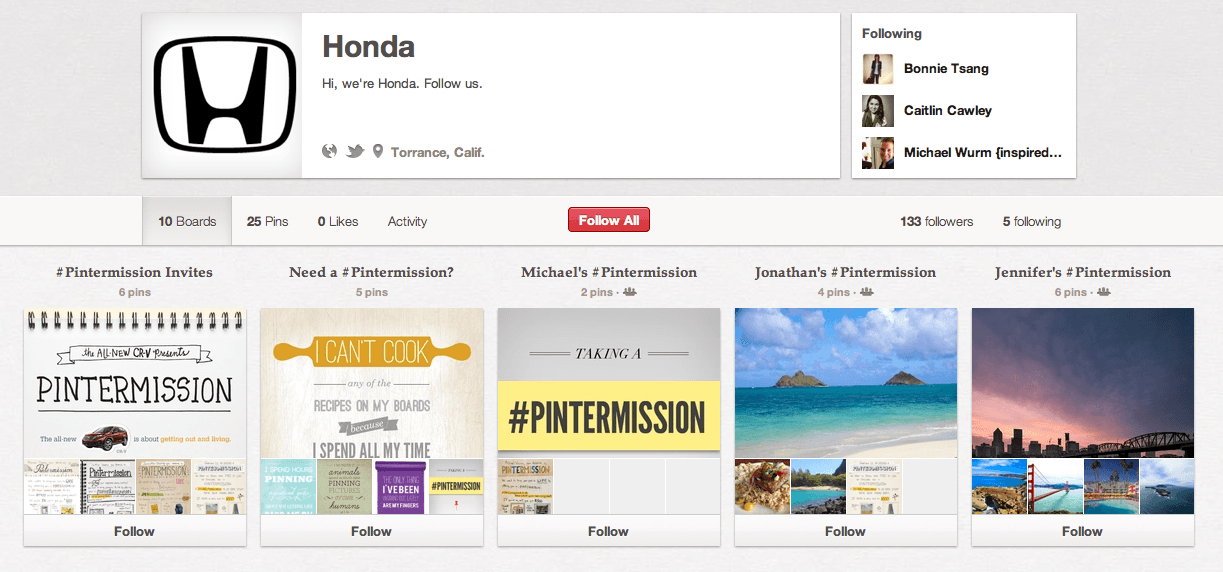 Honda: Pintermission with several boards dedicated to the social media campaign 