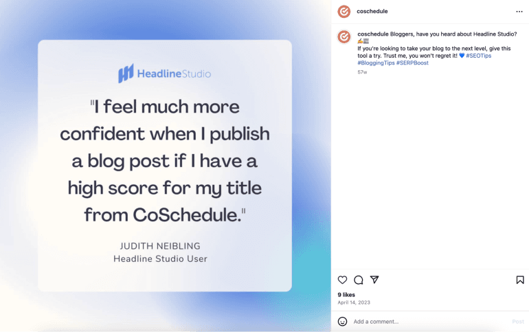 Instagram post of a customer review of Headline Studio