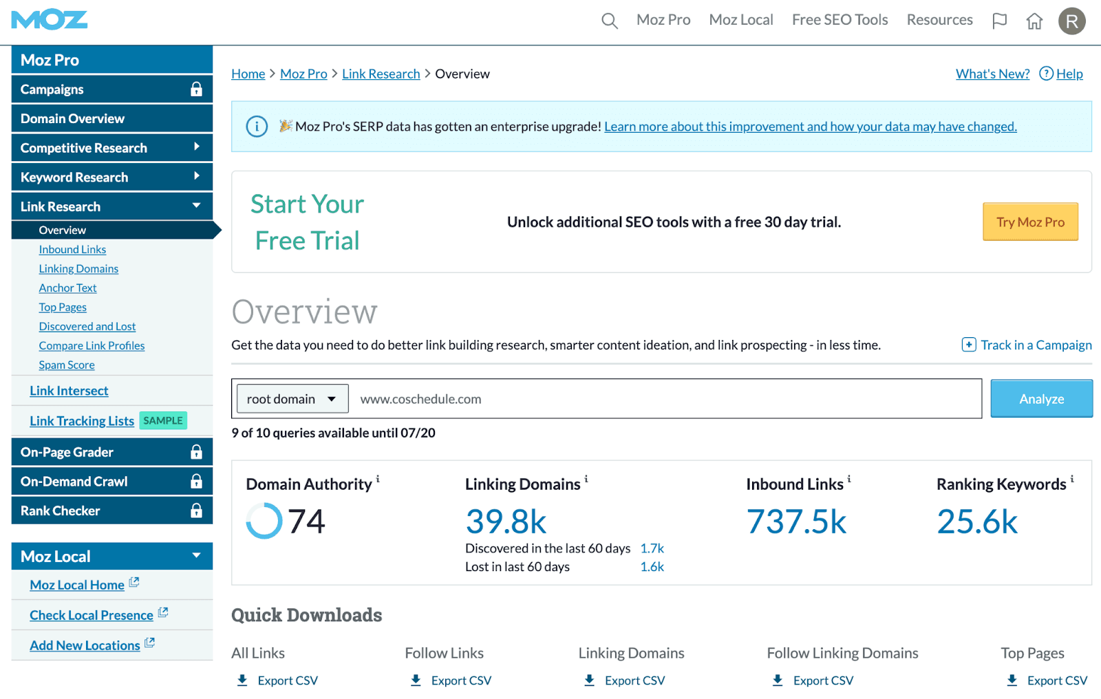 Link Research Tool from Moz Pro