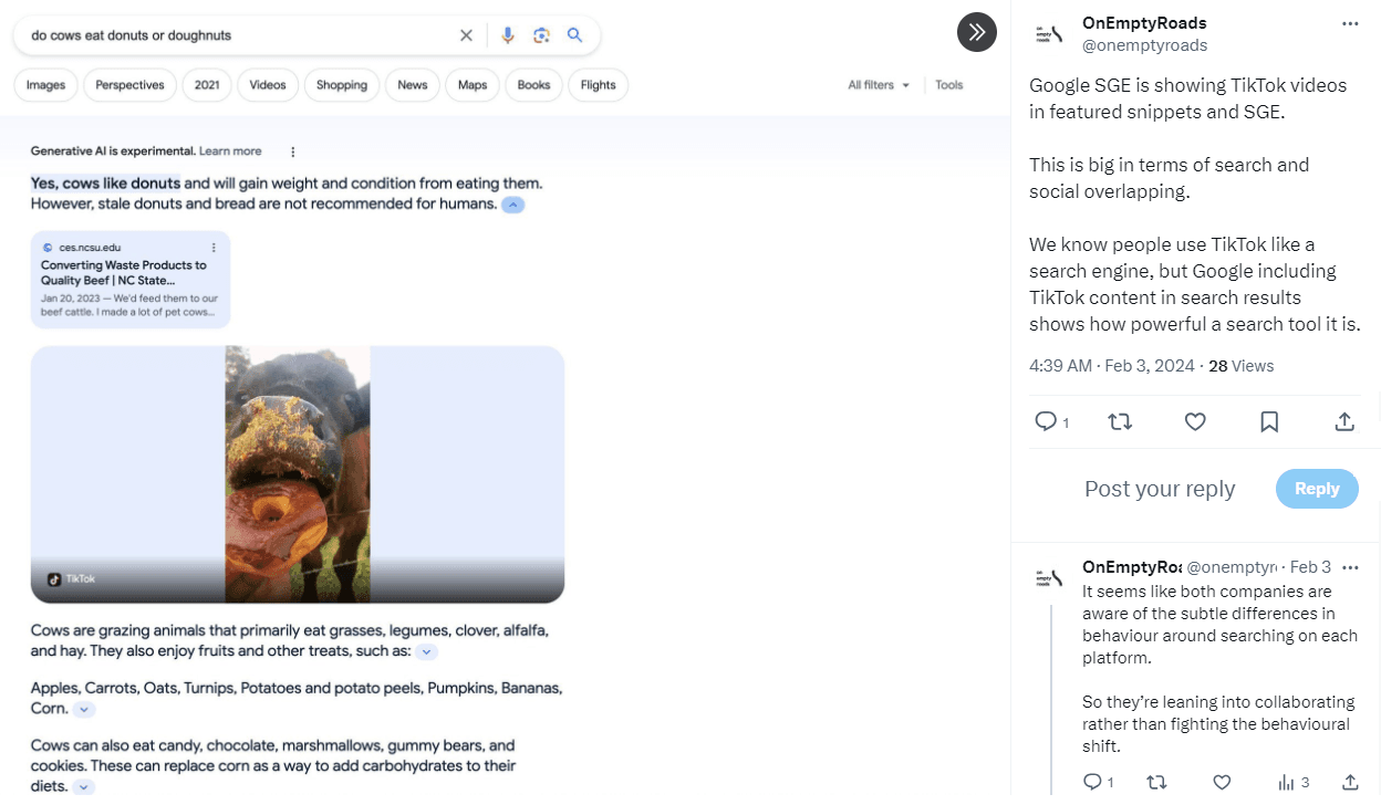 Tweet with a google search "Do cows eat donuts or doughnuts"