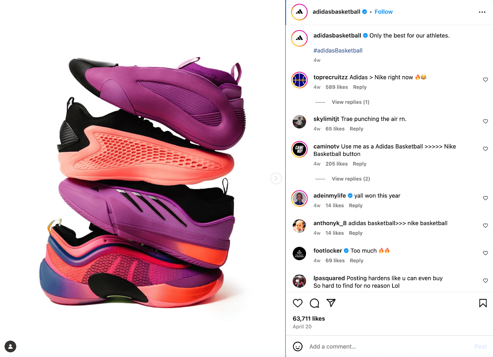 Marketing strategy example from Adidas, who markets their newest shoes on Instagram