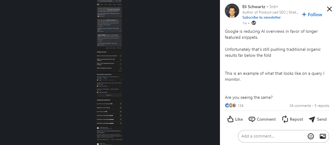 LinkedIn post by Eli Schwartz about Google reducing AI overviews 