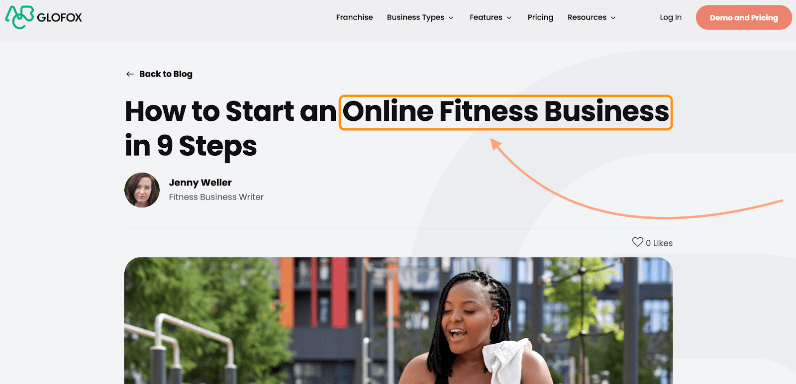 Glofox website page "How to Start an Online Fitness Business in 9 Steps"