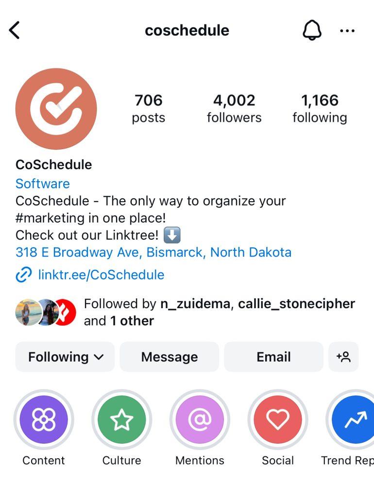 CoSchedule's Instagram page