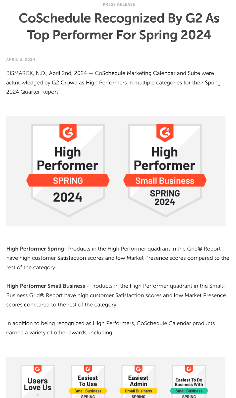 CoSchedule post on being named a top performer by G2 in the spring of 2024