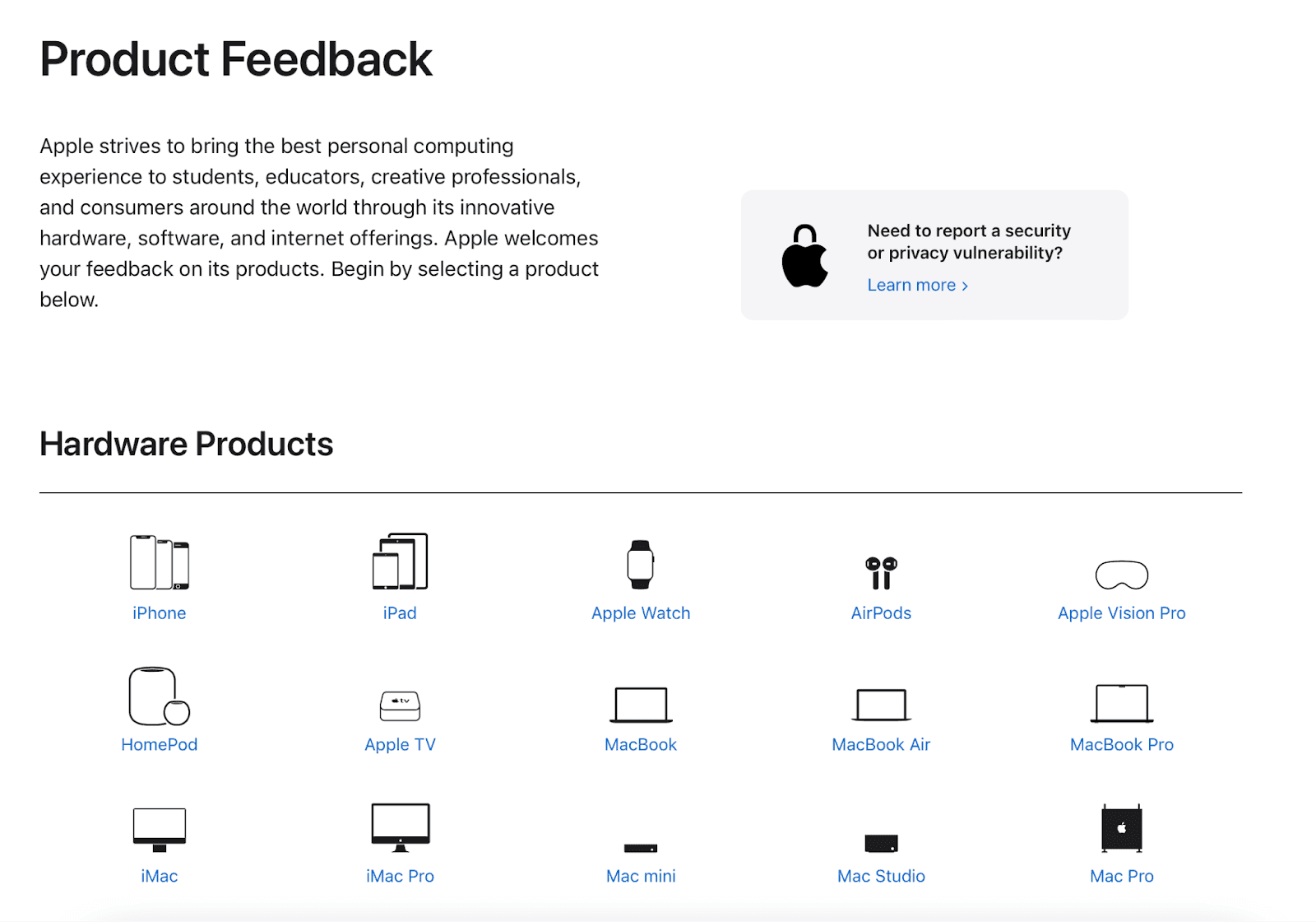 Apple feedback homepage