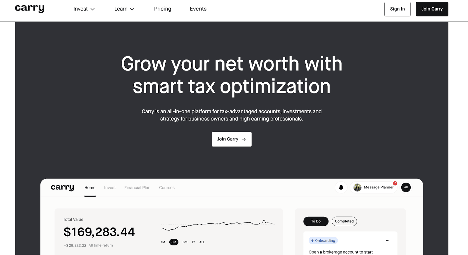 Carry website page "Grow your next worth with smart tax optimization" as an example of Product Marketing Strategies
