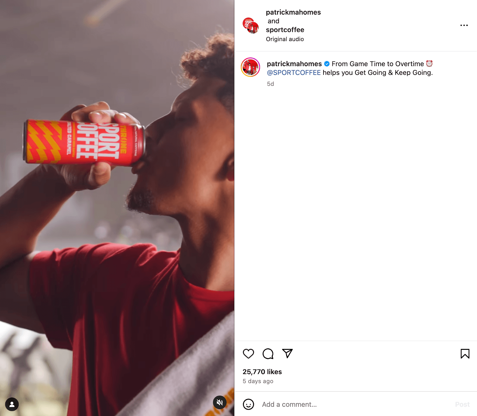 Collaboration of Sport Coffee and NFL superstar, Patrick Mahomes, as marketing strategy example