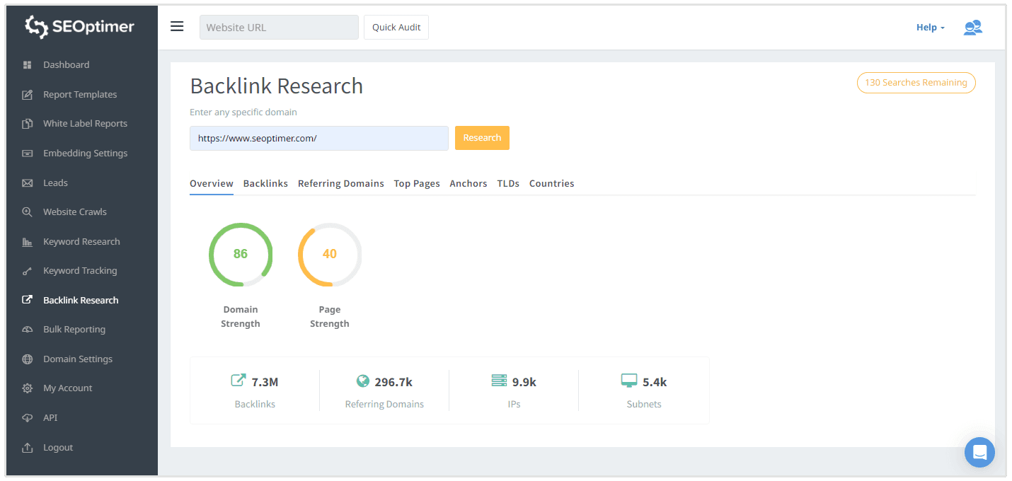 SEOptimer's Backlink Research Dashboard