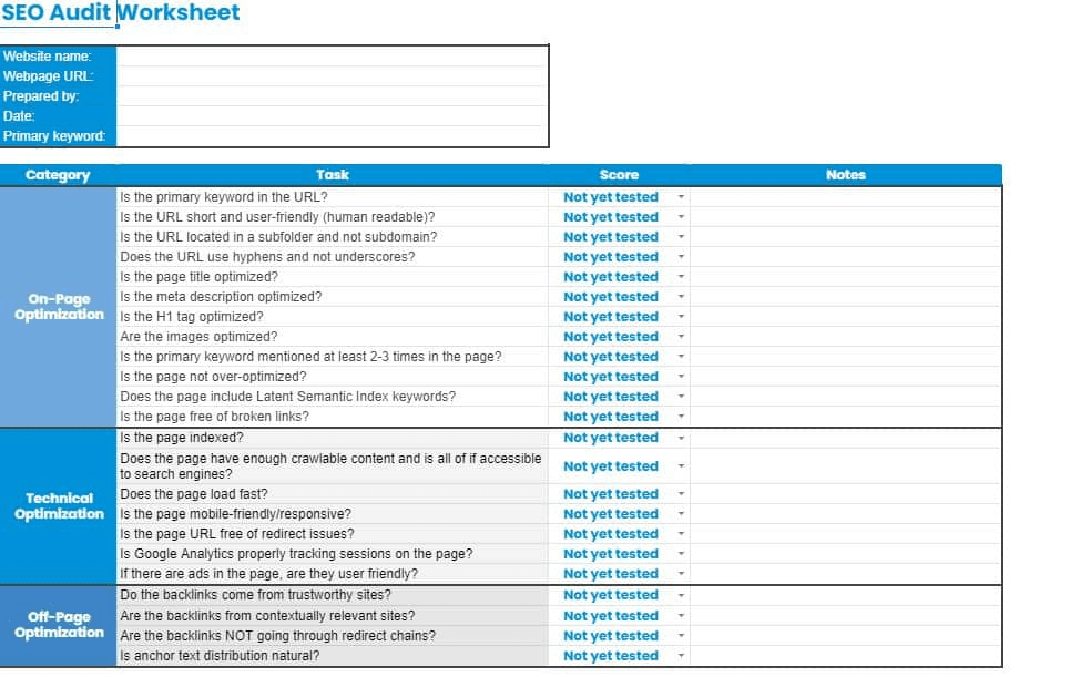 Example of SEO project management template: Click Minded SEO Strategy Template