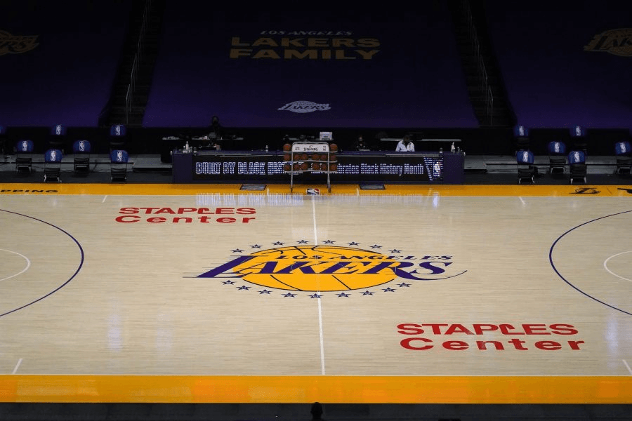 Staples Center logo on the Los Angeles Lakers court