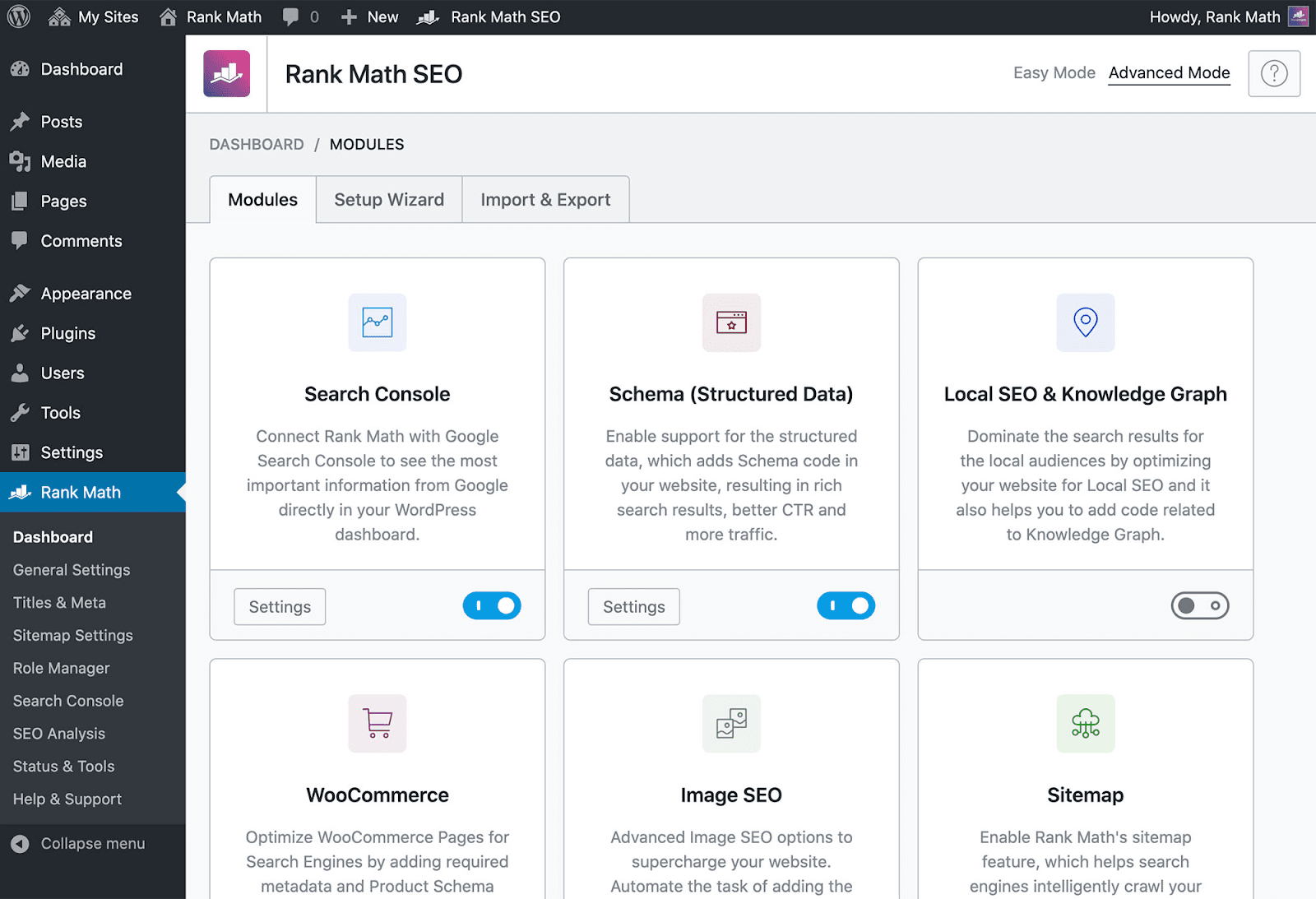 Rank Math SEO page as an example of SEO project management tool