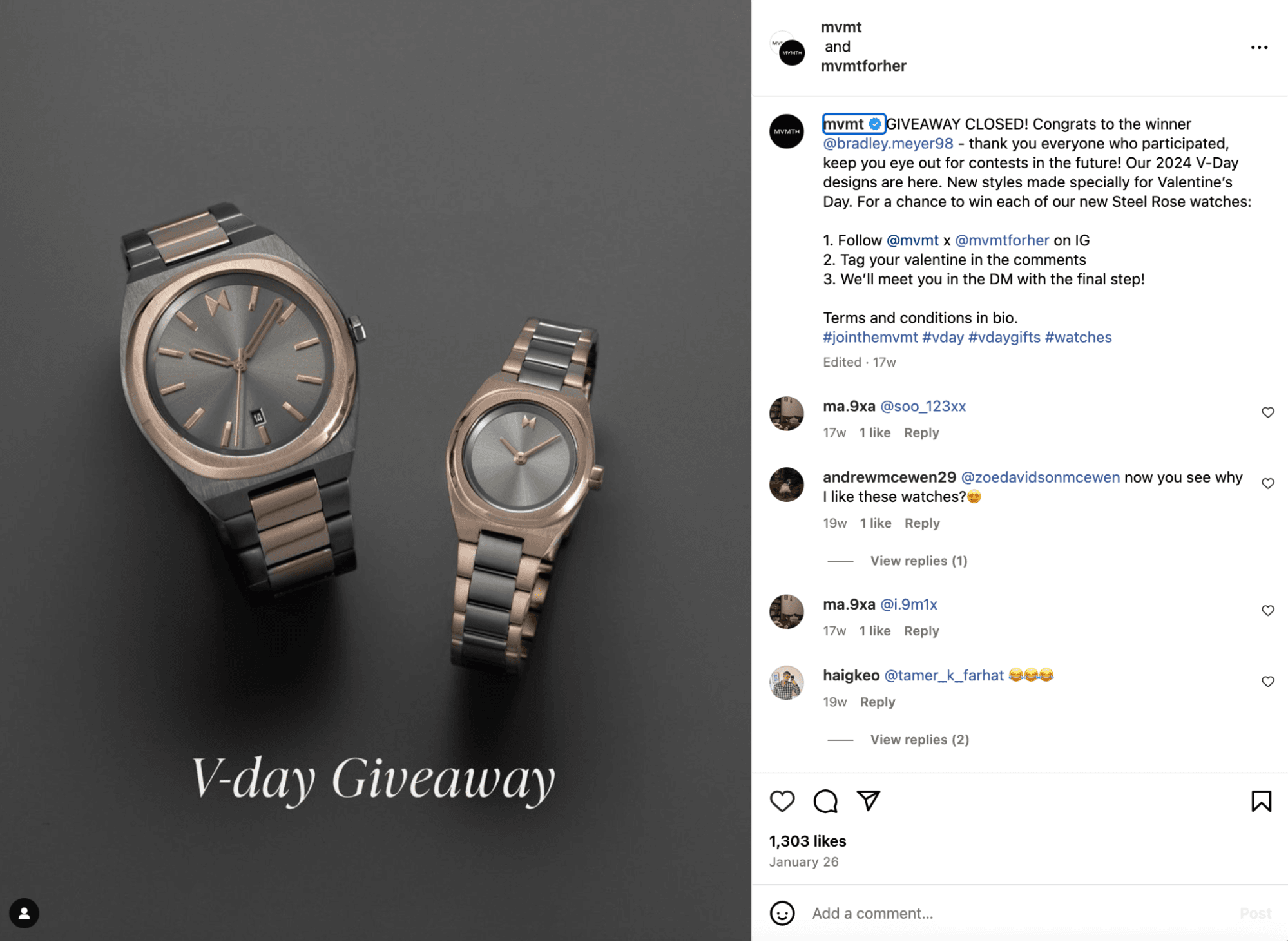 MVMT announced the winner of the giveaway on Instagram 