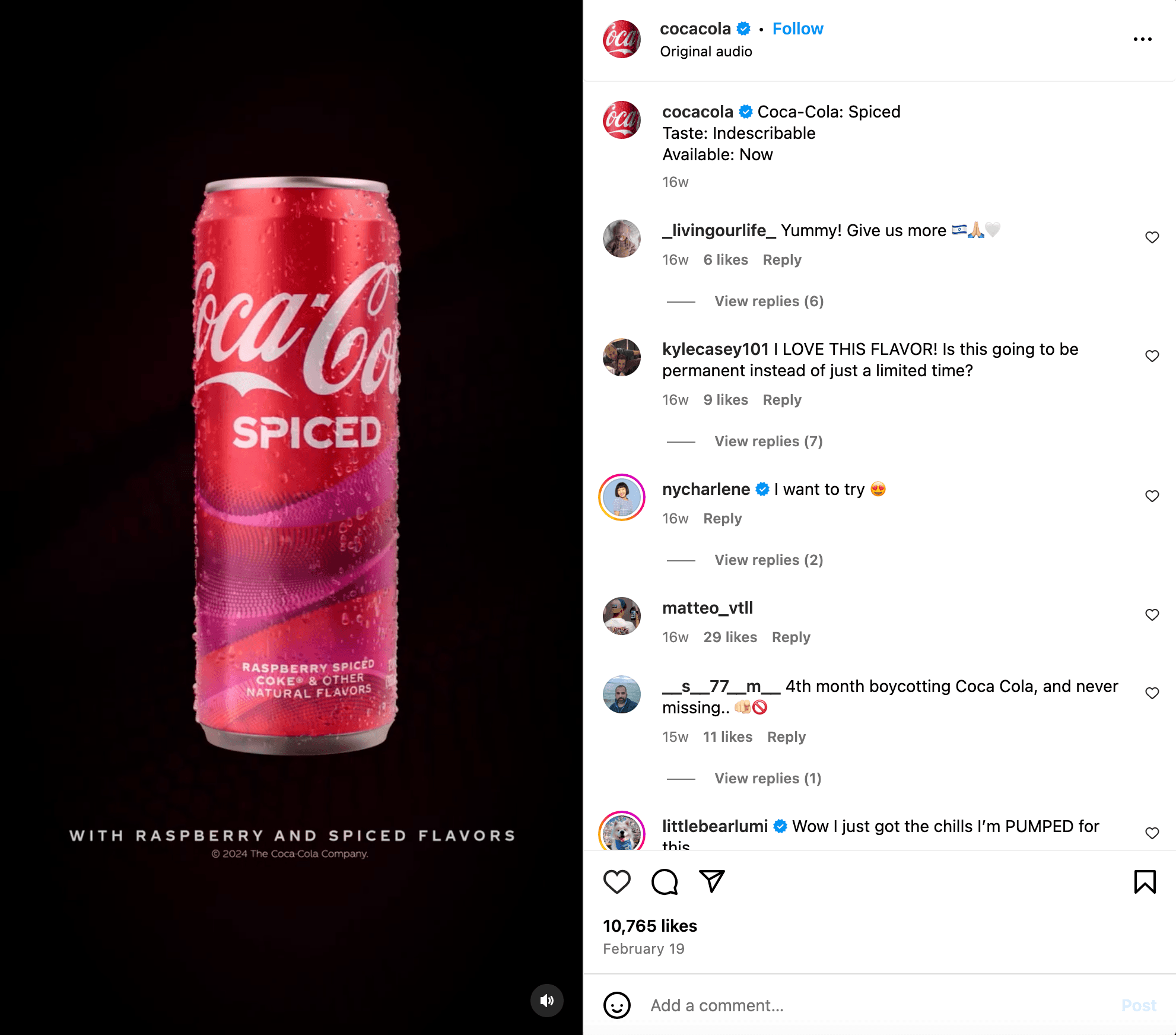 Coca-cola announce the latest product on Instagram 