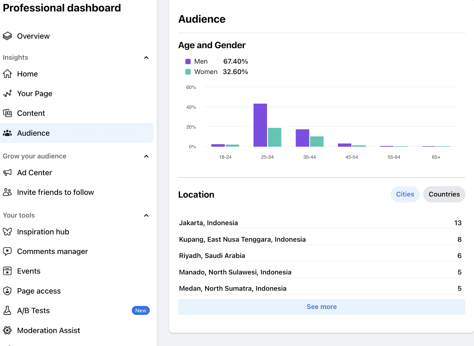 Facebook business account's professional dashboard