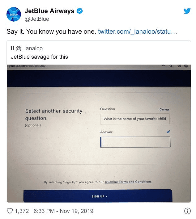 JetBlue Twitter storm for hilarious security question asking passengers to 'name their favorite child'