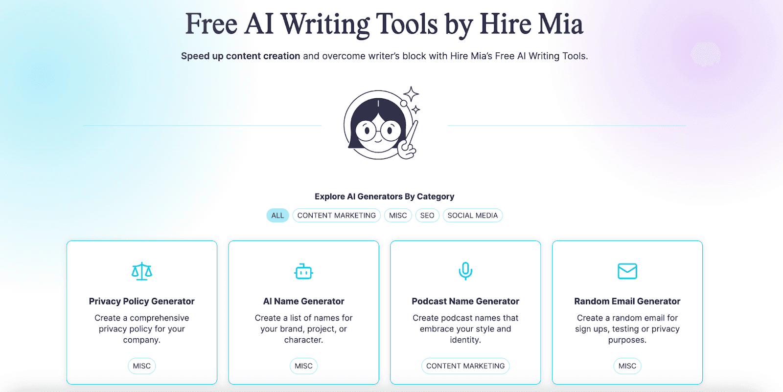 Hire Mia AI writing tools homepage