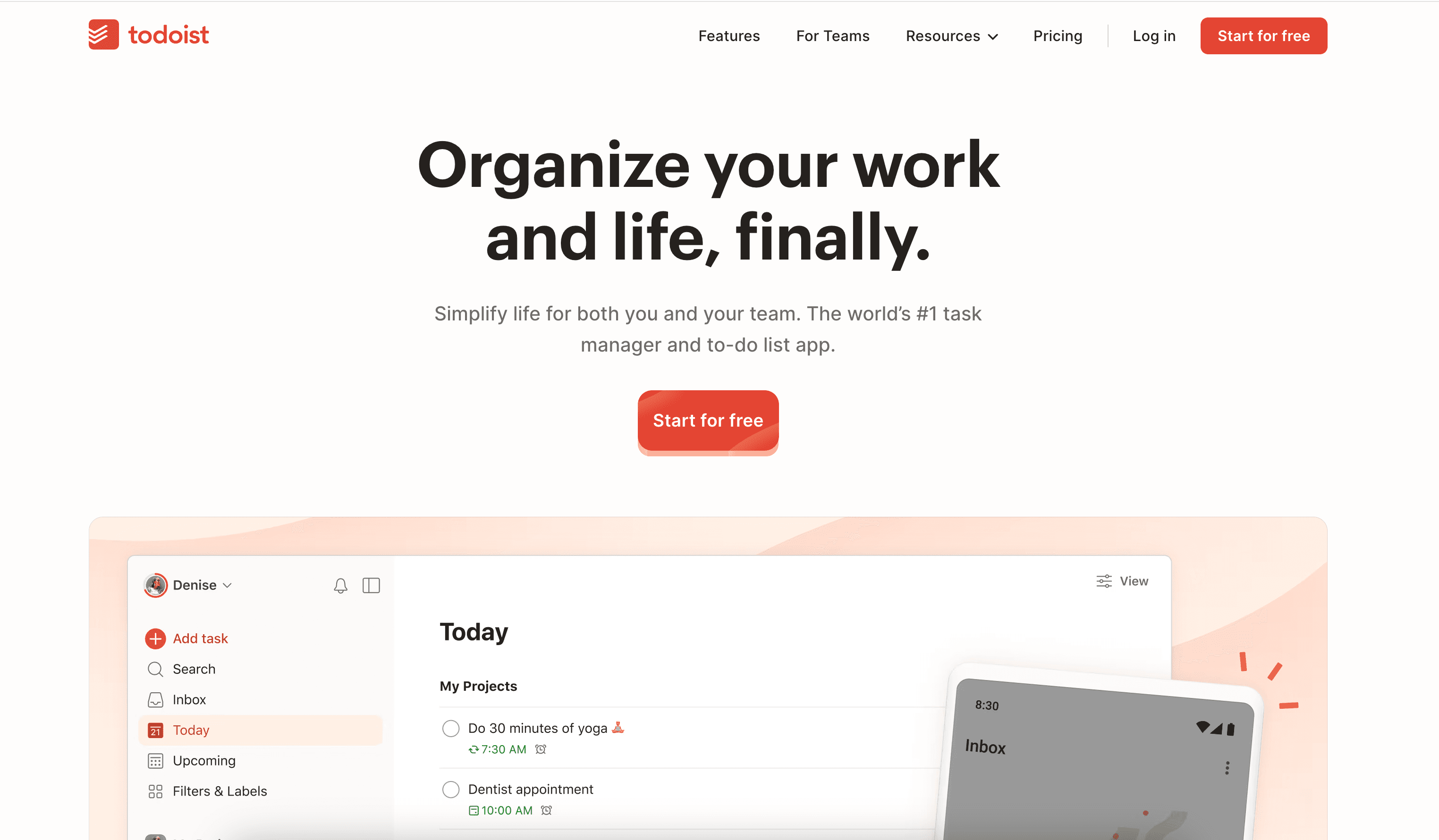 Todoist's website page "Organize your work and life, finally" as an example of Product Marketing Strategies